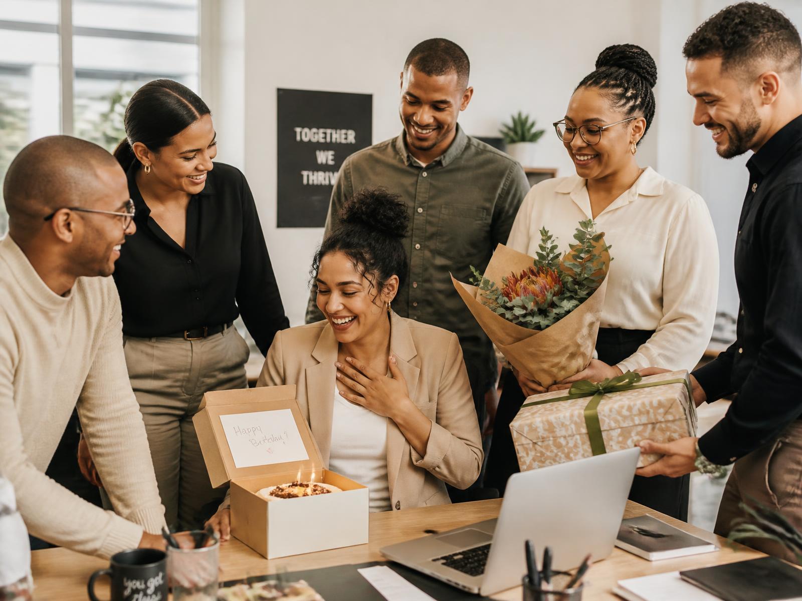 Colleagues celebrating a team member's birthday in a South African office